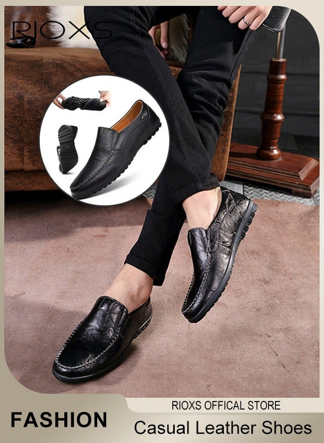 RIOXS Mens Business Formal Shoes, Faux Leather Shoes, Round Toe Fashion Oxford Flat Shoes, Slip-on Loafers Shoes For Work And Daily Wear, Casual Penny Loafers For Men, Comfy Lightweight Driving Flats, Black Leather Shoes For Business, Gift For Daddy Grandfather Boyfriend Husband - Image 1